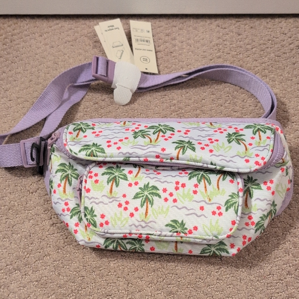 No Boundaries Tropical Palm Print Crossbody Waist Belt Bag -Purple and Green NWT